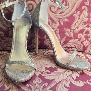 SEXY Stuart Weitzman Shimmering Silver Ankle Strap Heels GOLDEN Shimmer Pave